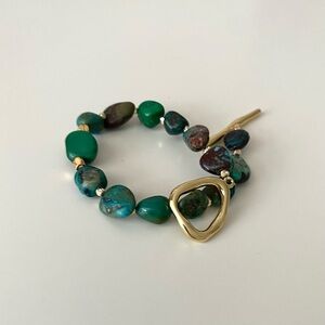 Raw African Turquoise Bracelet with Gold Toggle Clasp